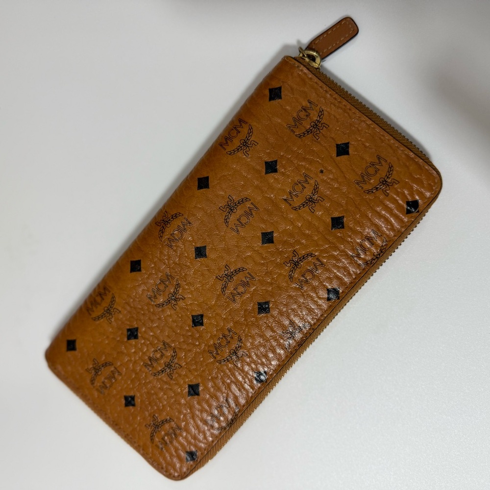 MCM Cognac Leather Zip Wallet